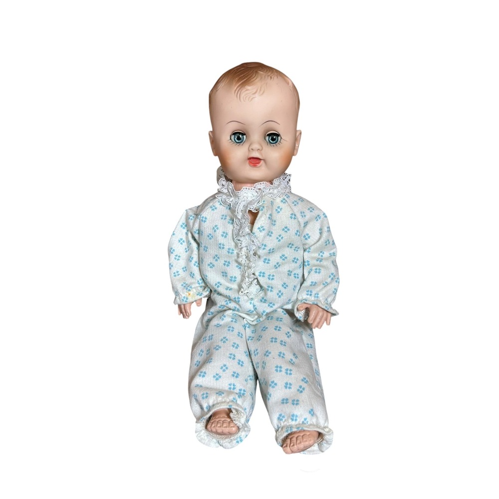 Vtg Allied Eastern AE276 44 Vinyl Baby Doll Blue Sleep Eyes with Sleeper Bonnet